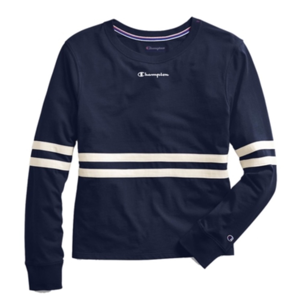 Champion Heritage Women’s Navy Blue and White Striped Long Sleeve Top